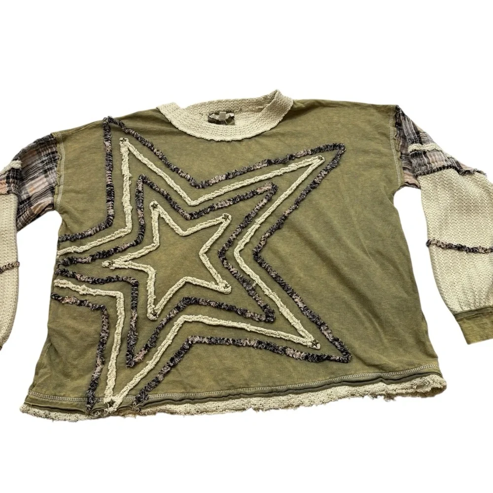Ladies Oli & Hali Washed Star Patchwork Top Green‎ and Beige Size Small - Picture 4 of 12